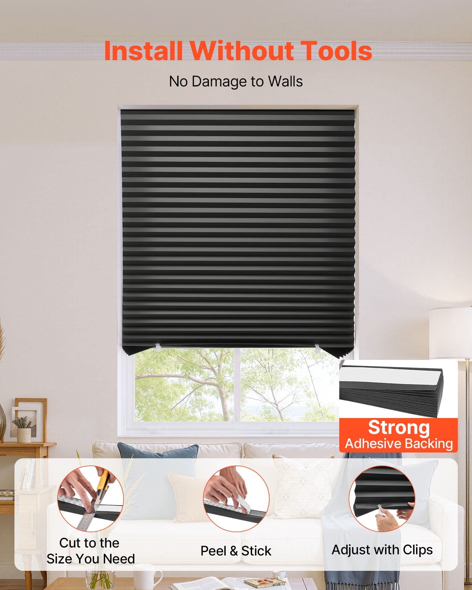 VEVOR Paper Blinds, 6 Pack, 36 in x 72 in, Temporary Blackout Pleated Paper Shades, No Tools No Drilling, Pleated Blinds with Adhesive, Easy to Cut and install, for Indoor Windows, Kitchen, Bedroom