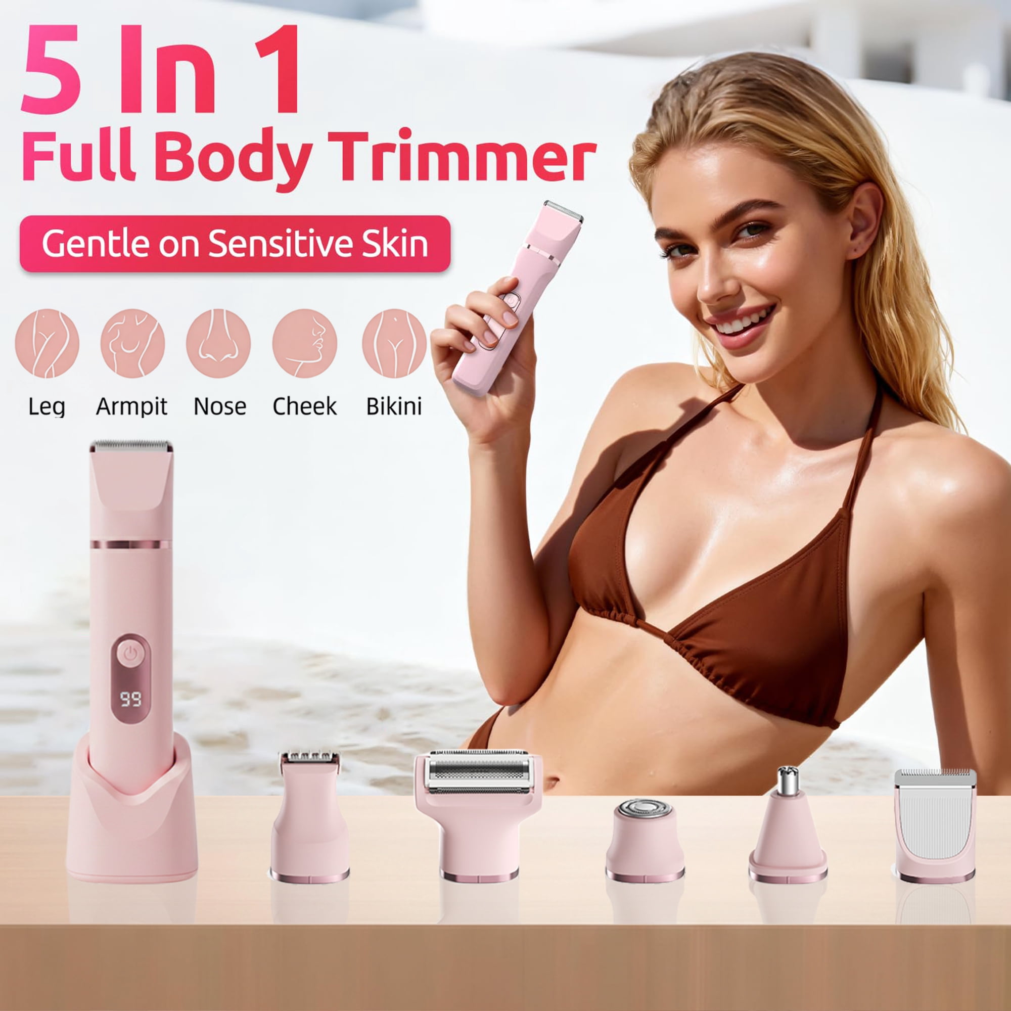 JUUTREN Electric Razor Shaver Bikini Trimmer for Women, 5-in-1 Painless Hair Remover & Epilator with LED Display, Rechargeable Cordless Bikini Hair Trimmer for Face, Legs, Underarm, nose & Body(Pink)