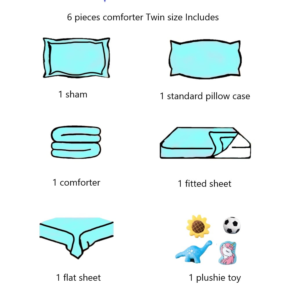 Comforter set matching fitted sheet set and pillow sham plushie toy twin size dinosaur white bag print design supersoft for girls, boys bedroom décor