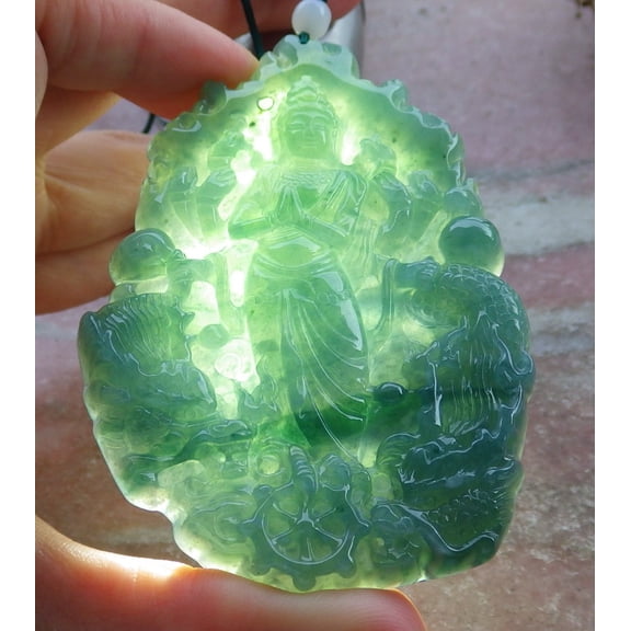 Certified Icy Green Burma 100% Natural A Jade jadeite Pendant Guanyin Kwan Yin Dragon Necklace 665616 TN