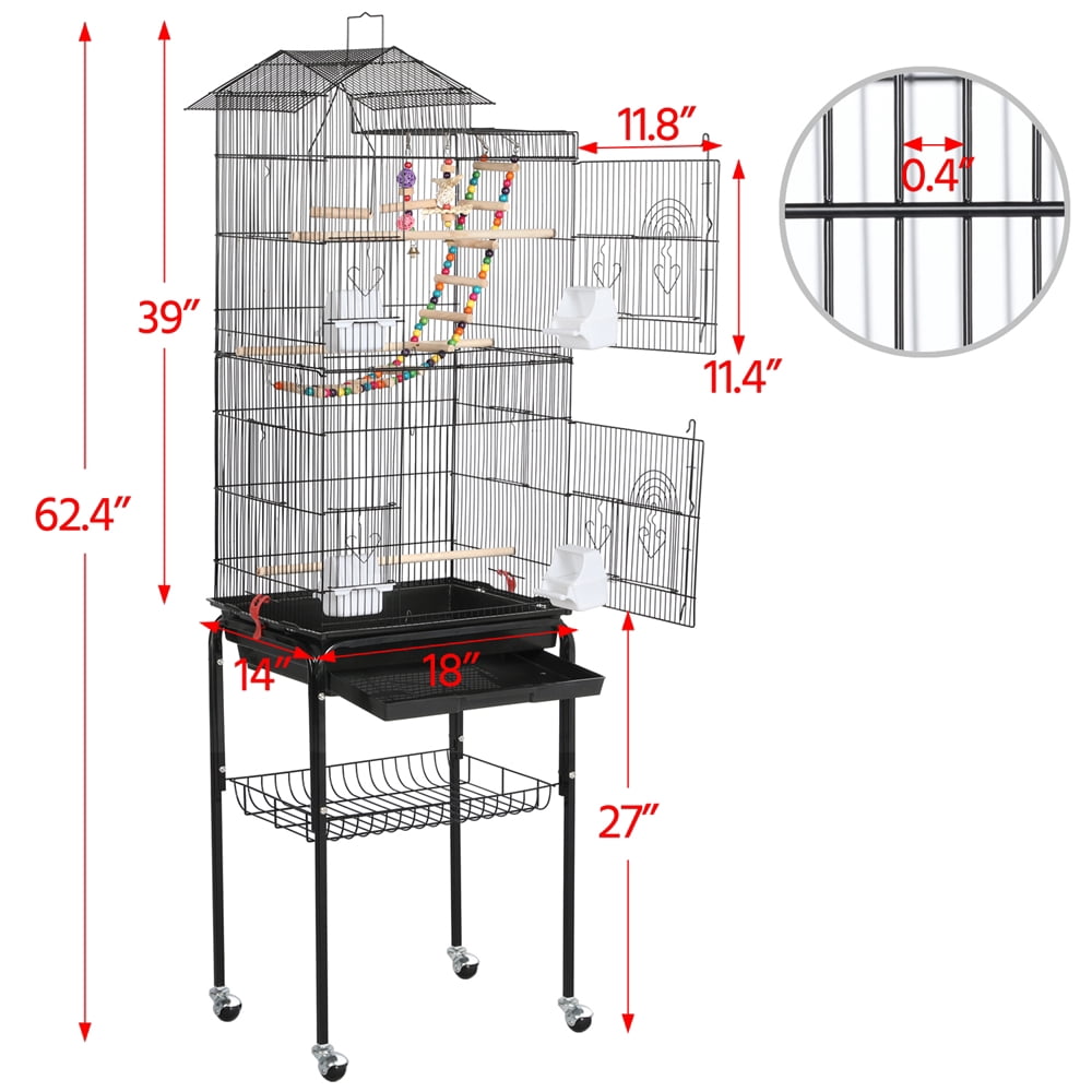 Renwick 62" Metal Rolling Bird Parrot Cage Detachable Stand, Black