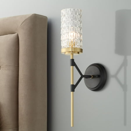 

Possini Euro Design Darin Modern Wall Light Sconce Black Brass Hardwire 4 1/2 Fixture Faceted Cylinder Glass for Bedroom Bathroom Vanity Reading Home