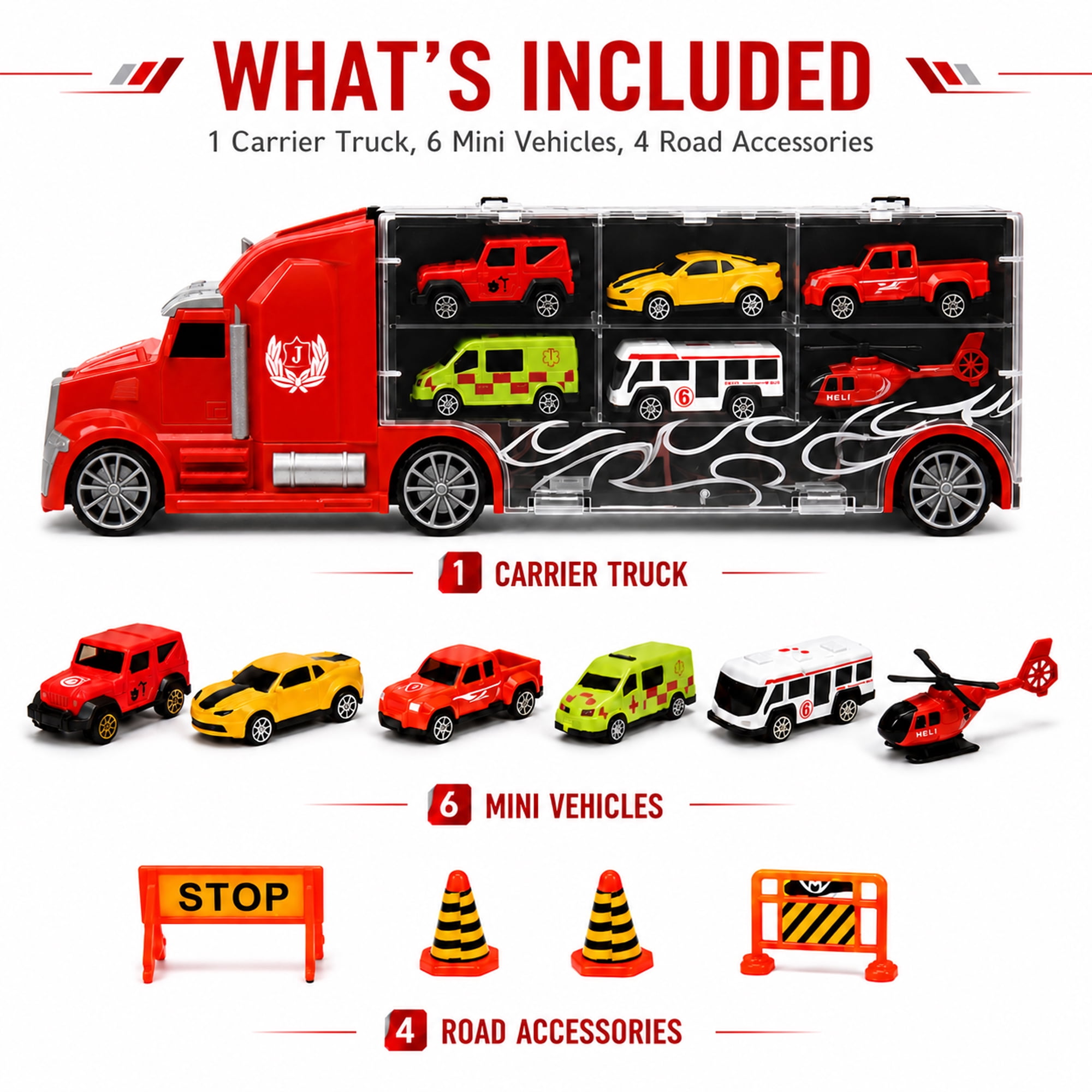 11-Piece Toy Truck Carrier Set with Mini Vehicles, Big Rig Transporter Playset with Cars, Helicopter, Bus & Road Signs, Storage Truck Toy for Kids Ages 3+