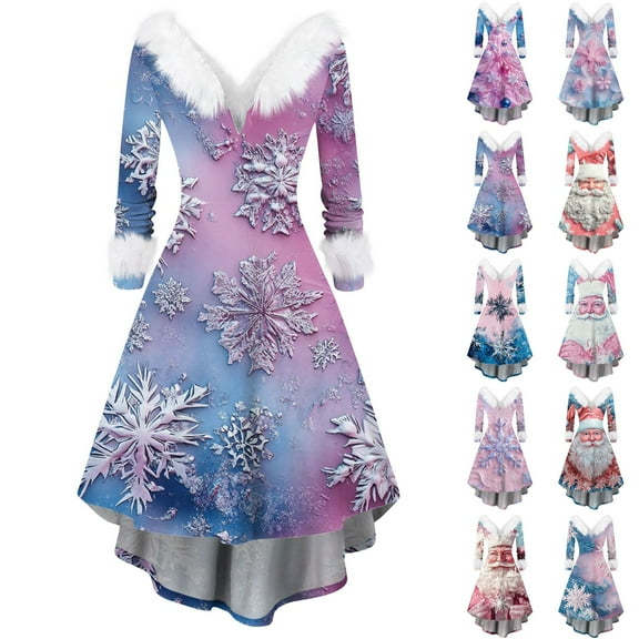 Christmas Dresses for Women Women's Fashion V-neck Casual Slim Christmas Printed Party Long Sleeve Dresses with Fur Collar for Christmas Party,Blue,L