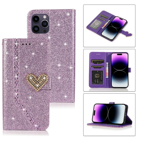SaniMore for iPhone 14 Pro 6.1" Magnetic Glitter Love Flip Wallet Case with Card Slot & Kickstand, Premium PU Leather Case with Wrist Strap Shockproof Protective Case for Women Ladies Girls, Purple