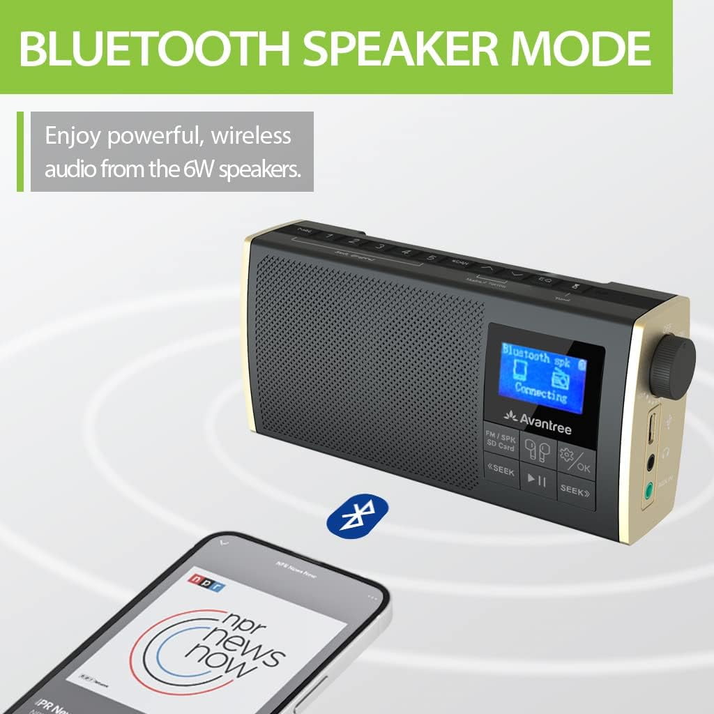 Avantree Soundbyte T FM Radio with Bluetooth, Works with Your Bluetooth Earbuds, SD Card MP3 Player, Portable Bluetooth Speaker All-in-1, 11hr Rechargeable & Replaceable Battery, Easy to Use