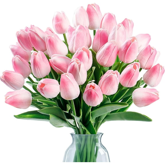 15 Pcs Real Touch Artificial Tulips, Light Pink Fake Tulip Flowers with Flexible Stems, Faux PU Tulips for Wedding Bouquet, Spring Home Decor, Office Desk, Mother's Day Centerpiece Decorations