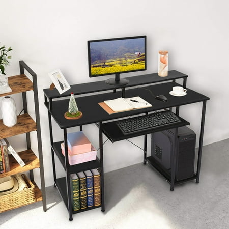 PinkpaopaoComputer Desk with Keyboard Tray,Study Table with Storage Shelves/Keyboard Tray/Monitor Stand for Home Office,Writing Desk Stable Student Laptop Desk for Small Space,Easy Assembly,Black