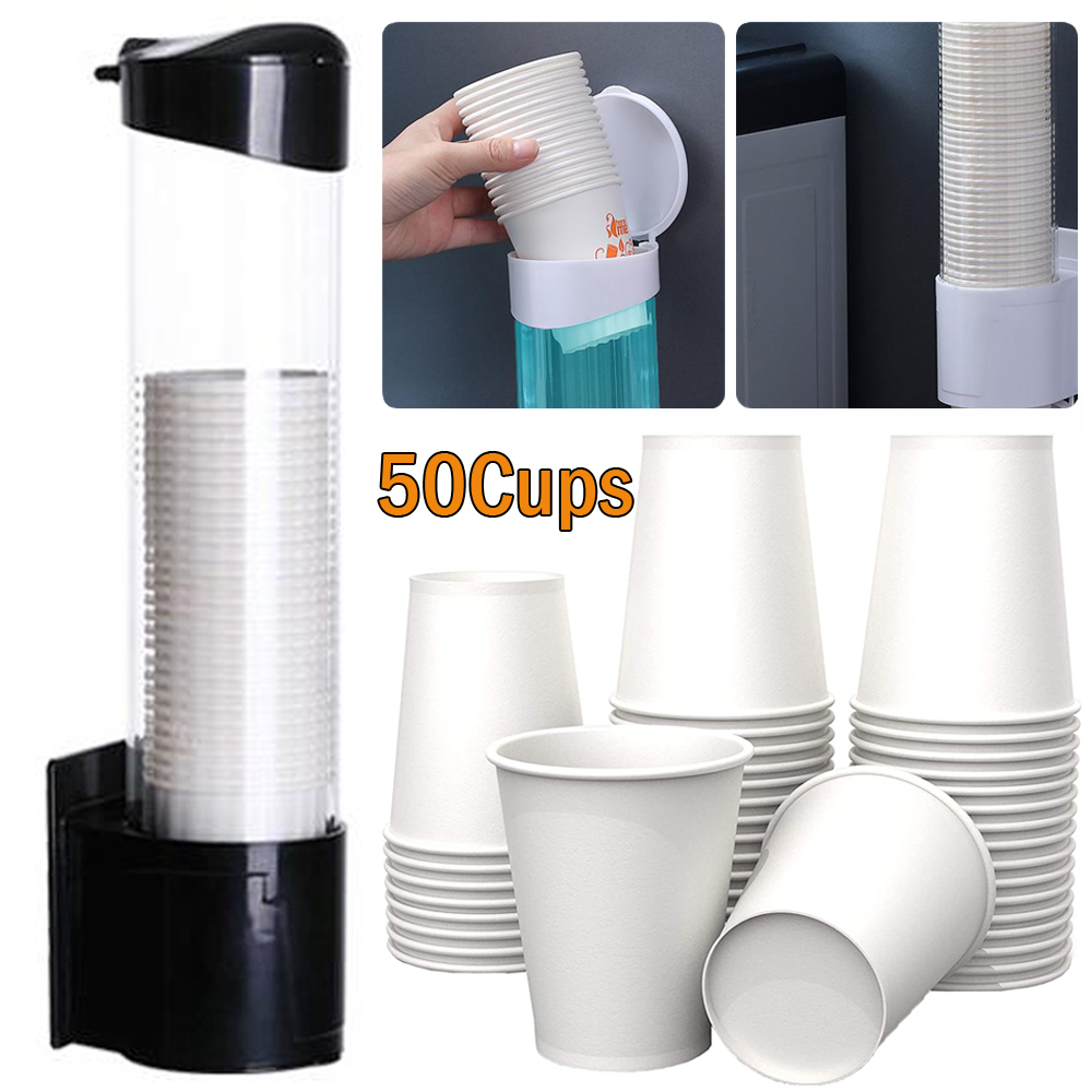 Cup Dispenser with 50 Disposable Cups, Flat Bottom Cups, Paper Pull Type, Self Pulling Cup