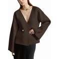 thumbnail image 2 of Womens V Neck Cardigan Long Bell Sleeve Button Down Open Front Loose Knit Fall Sweater Blazer Coffee M, 2 of 10