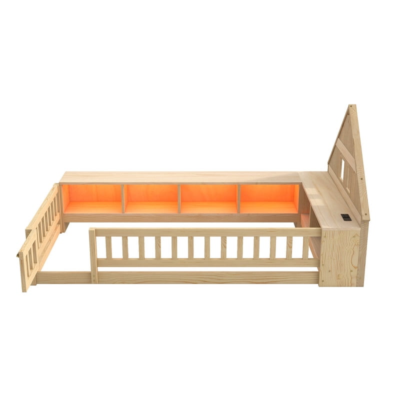 Twin Size Wood Floor Bed with Guardrail & Small Door, House-Shaped Bookcase Headboard Kids Platform Storage Bed with LED & Outlet