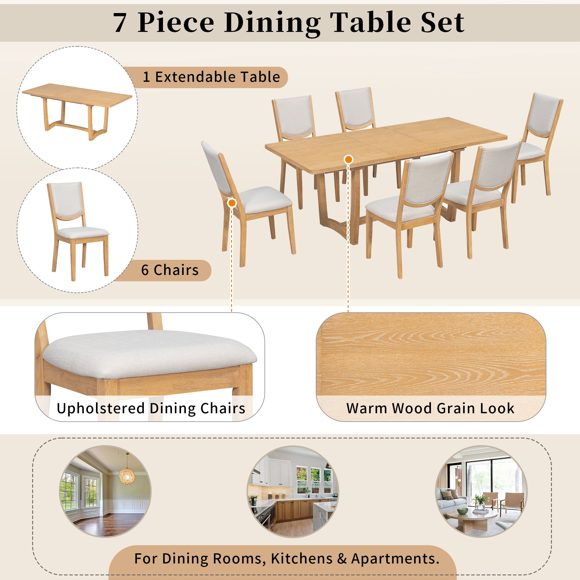7-Piece Dining Table Set for 6, 60"-78" Rectangular Extendable Table with 6 Upholstered Chairs