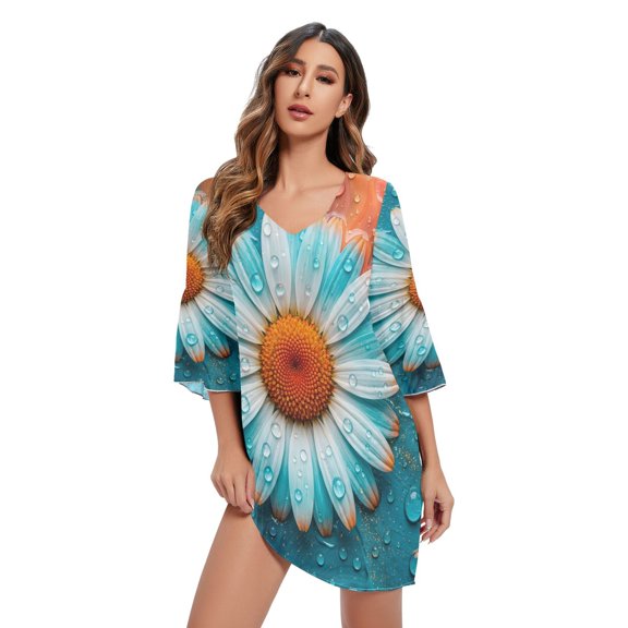 DIXRUYEE Women V-Neck Bell Sleeve Mini Dress Flower Water Droplets A Short Tunic Dress