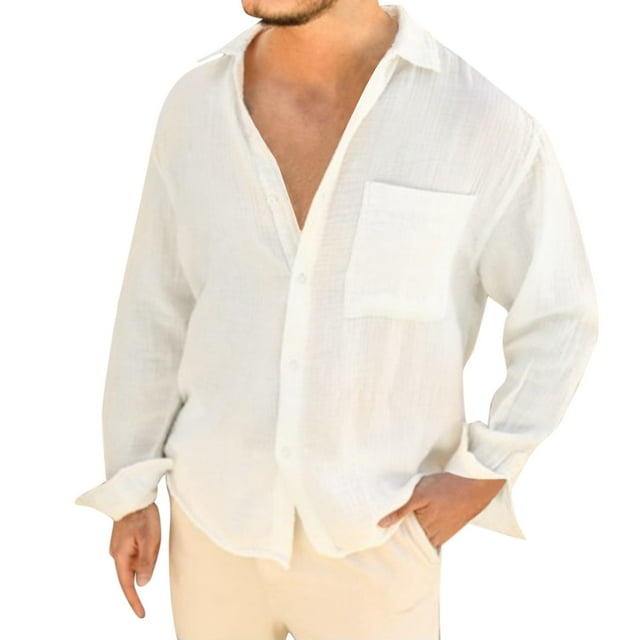 Camisas Hombre Camisa holgada de talla grande informal sólida de lino y algodón para hombre, camisa de manga larga con cuello levantado para hombre (Beige, XXL)