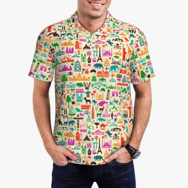 Balery Travel Camisa Polo de Hombre con Estampado, de Manga Corta y Tejido Medio, Camisa Tipo Golf Polo-Large