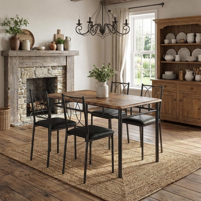 Kojooin Dining Table Set for 4, Small Farmhouse Kitchen Table with Upholstered Chairs, Space-Saving Dining Set for Apartment or Breakfast Nook