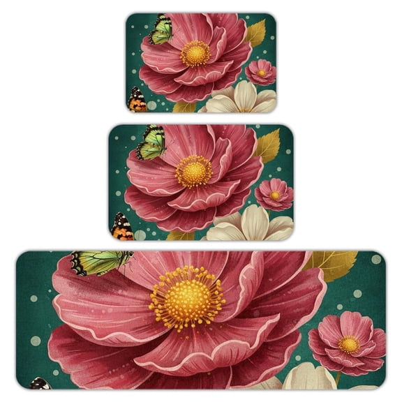 RKSupls Kitchen Rug Set 3 Piece Anti-Slip Flannel Floor Mats, Green Sunflower Washable Absorbent Runner Mats for Kitchen Bathroom Home Decor