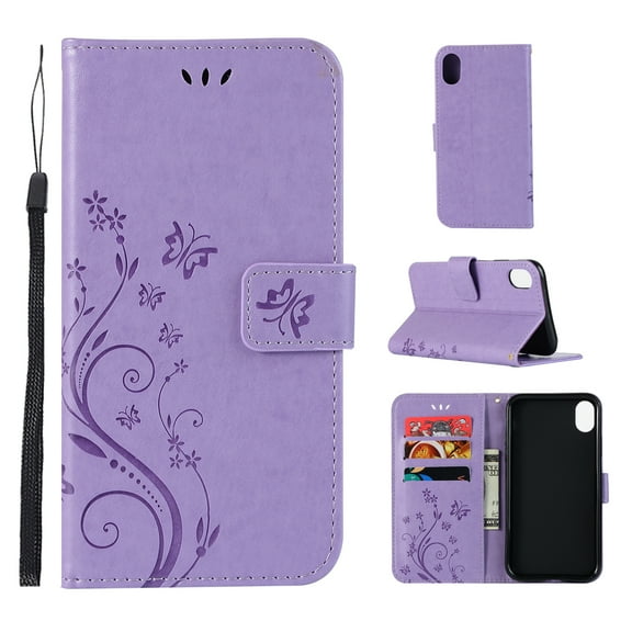 iPhone XS Max Case, iPhone XS Max 2018 Case - Allytech Premium Wallet PU Leather with Fashion Embossed Flower Magnetic Clasp Card Holders Flip Cover with Hand Strap, Lightpurple