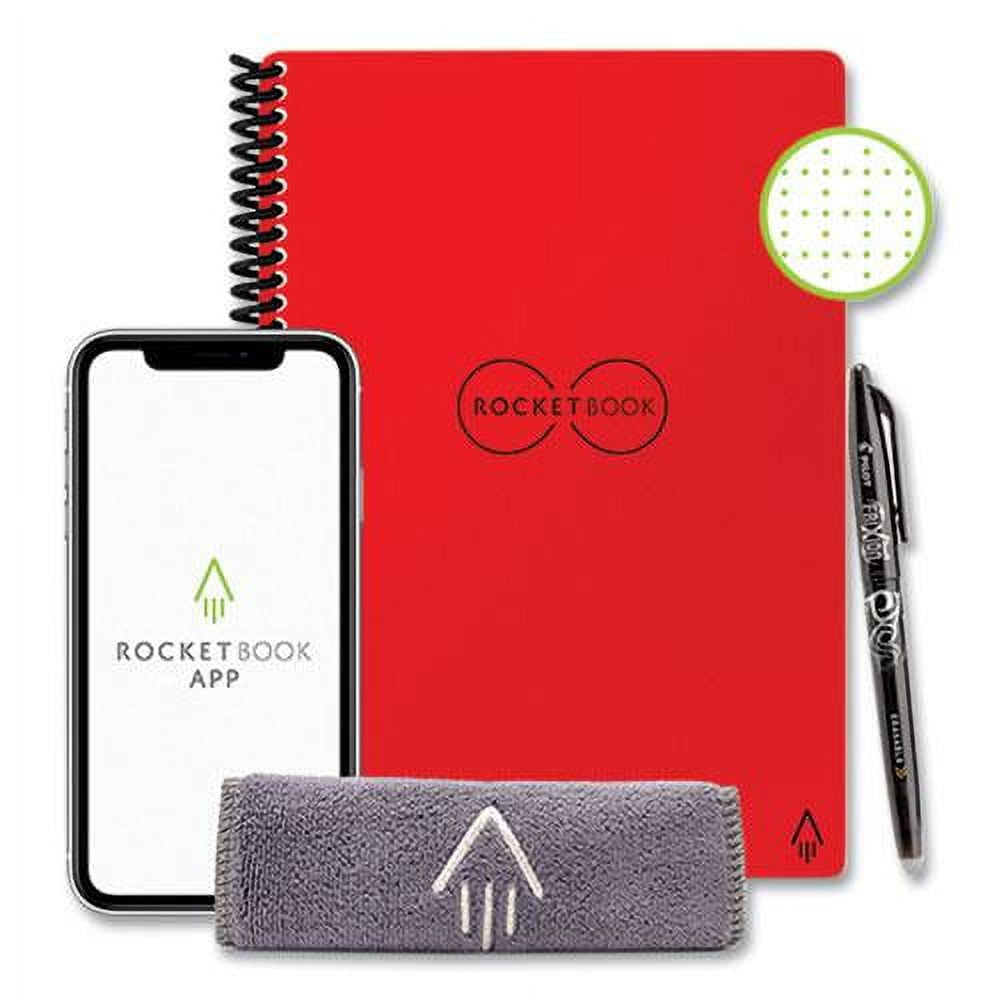 "Rocketbook Core Smart Reusable and Sustianable Smart Spiral Notebook - Red - Executive Size Eco-friendly Notebook (6"" x 8.8"") - 36 Dot-Grid Pages - Includes 1 Pen and Microfiber Cloth"