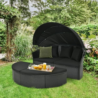 Gymax Patio Outdoor Round Wicker Daybed w/ Separate Seating Sofa, Retractable Canopy, 4 Cushion 3 Pillows Black