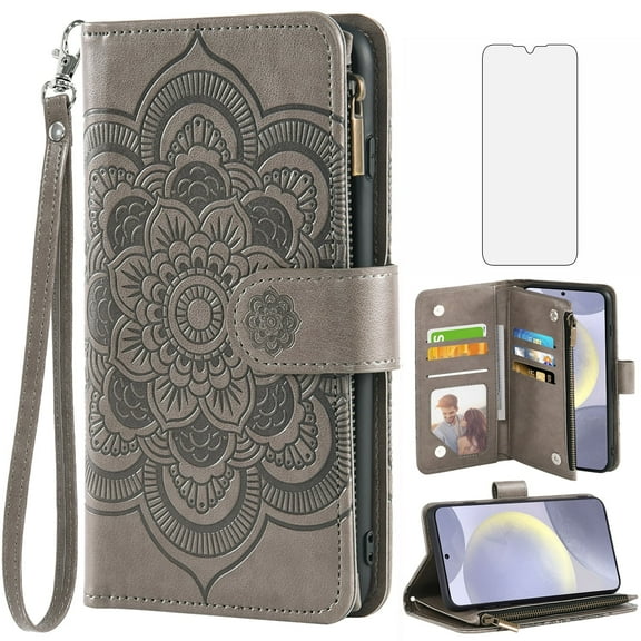 Compatible with Samsung Galaxy S24 Plus/S25 Plus S24  S25  5G Wallet Phone Case and Tempered Glass Screen Protector Flower Faux Leather Flip Credit Card Holder Stand Zipper Cell Cover Women Grey