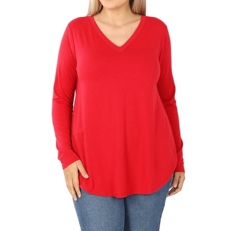 Women & Plus(S-3X) Relaxed Fit Long Sleeve V-Neck Round Hem Jersey Tee Shirt Top (Single & Multi-Packs Available) price history on PriceWatchPro
