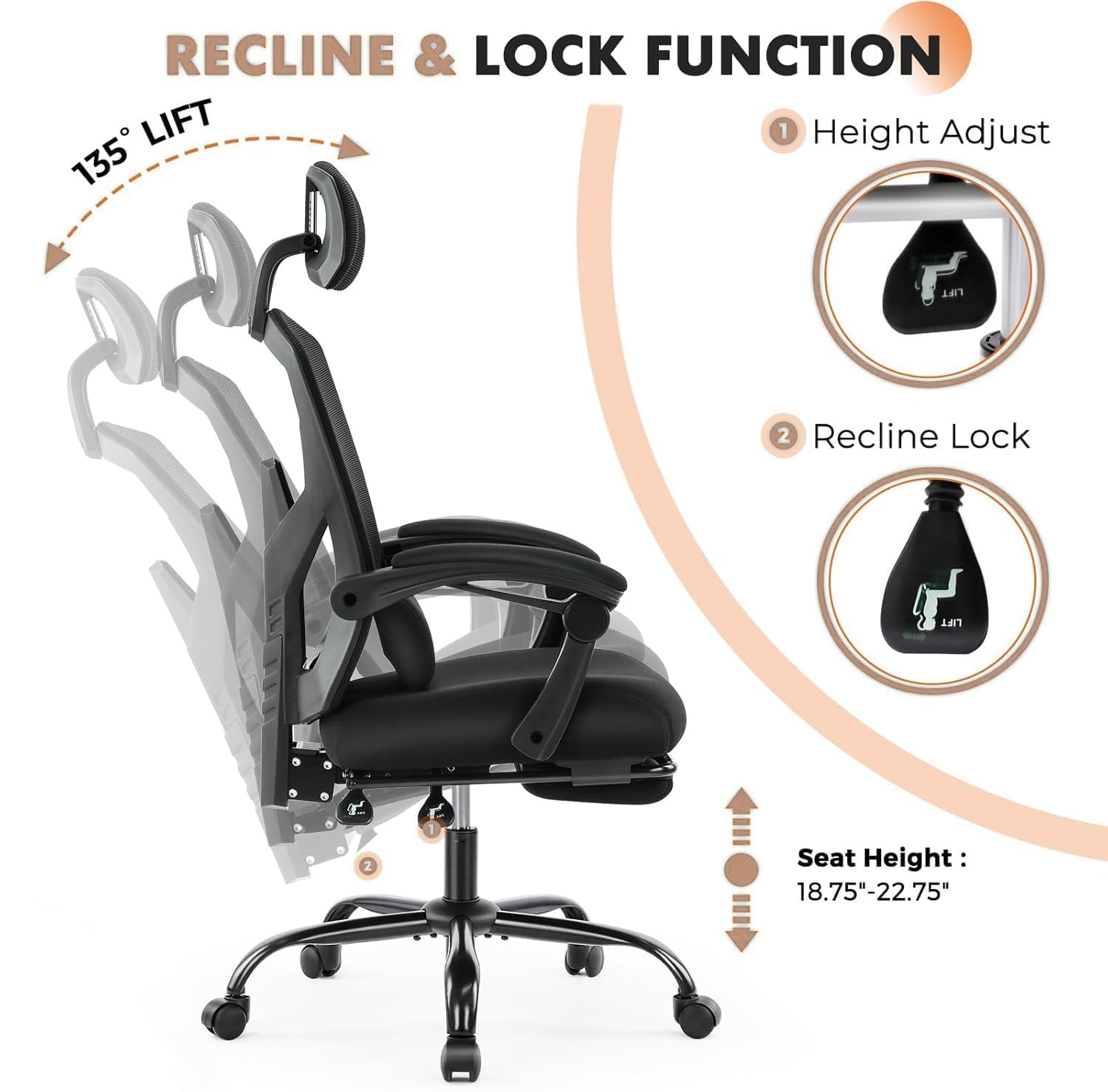 Office Computer Desk Chair, High-Back Ergonomic Mesh Swivel Chair with Lockable Recline, Adjustable Lumbar Support, Retractable Footrest & Padded Arms for Home Office, Study, and Gaming, Black