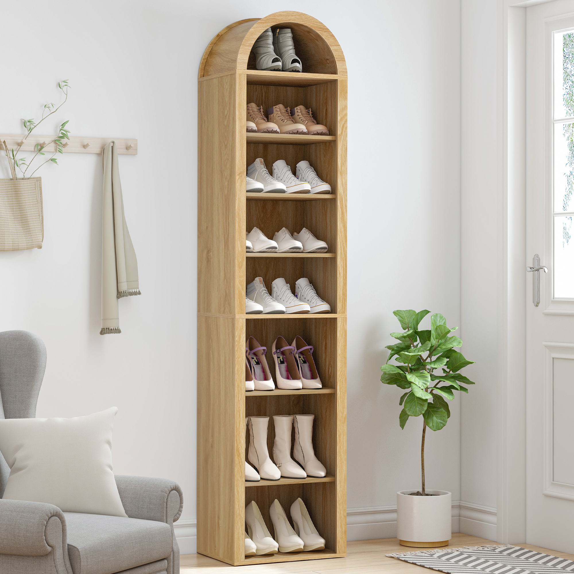 LEFHDA Narrow 8-Tier Arched Bookcase – Oak, 15.7-Inch Wide Open Shelf for Books, Media Storage (CD/DVD), Bathroom, or Entryway