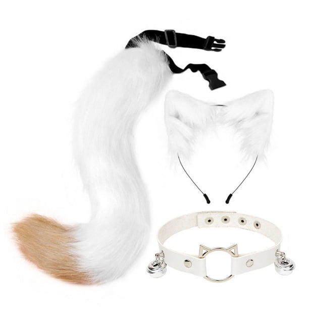 Diadema con orejas de gato y cola larga para disfraz de Halloween Blanco