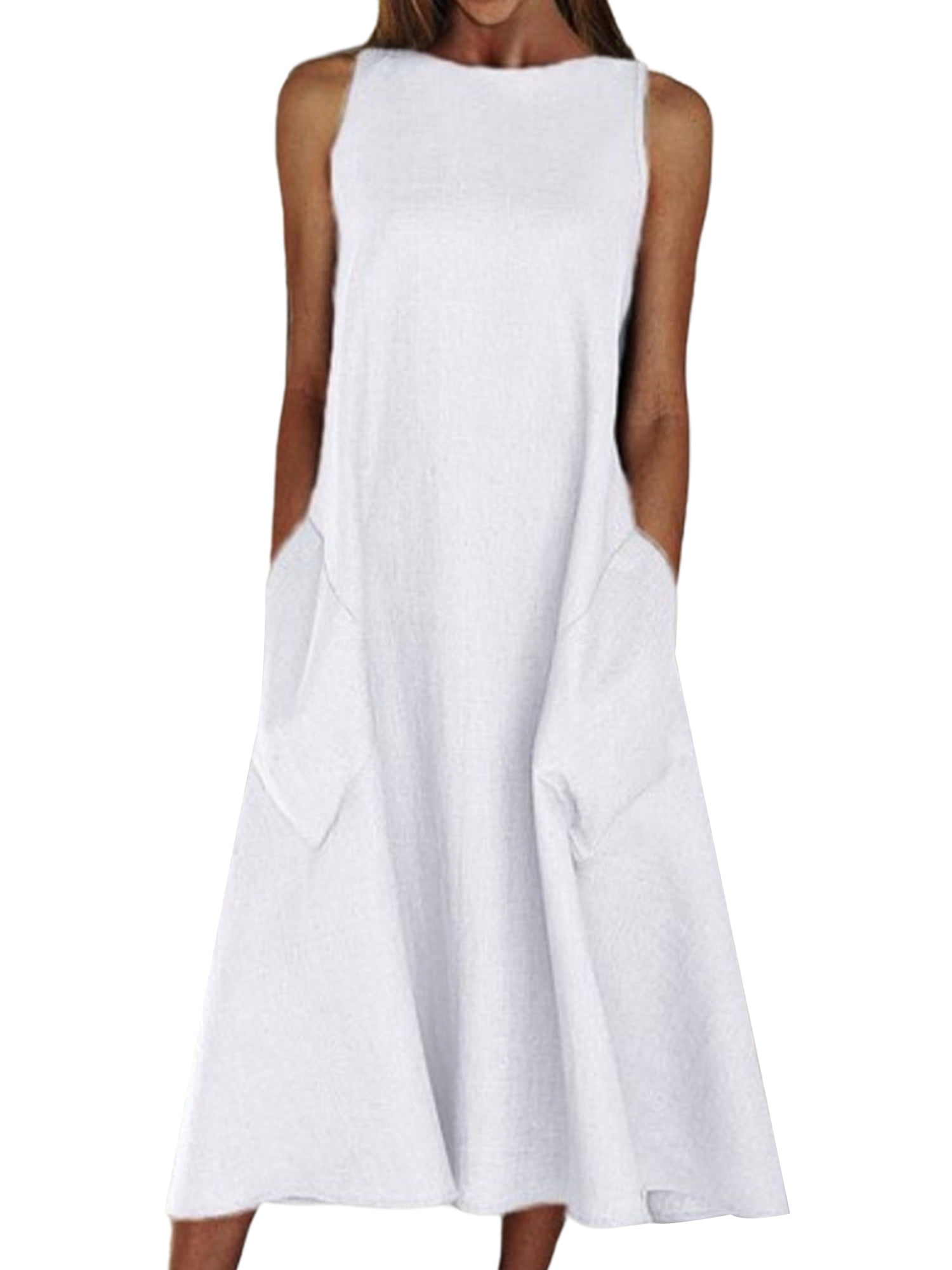Grianlook Ladies Pleated Sleeveless Long Tops Dress Midi Casual Holiday
