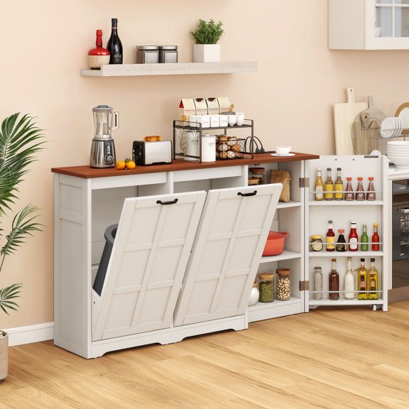 Uforic Kitchen Storage Cabinet with Shelves & Doors, Sideboard Cabinet for Double 13-gal Trash Bins, White