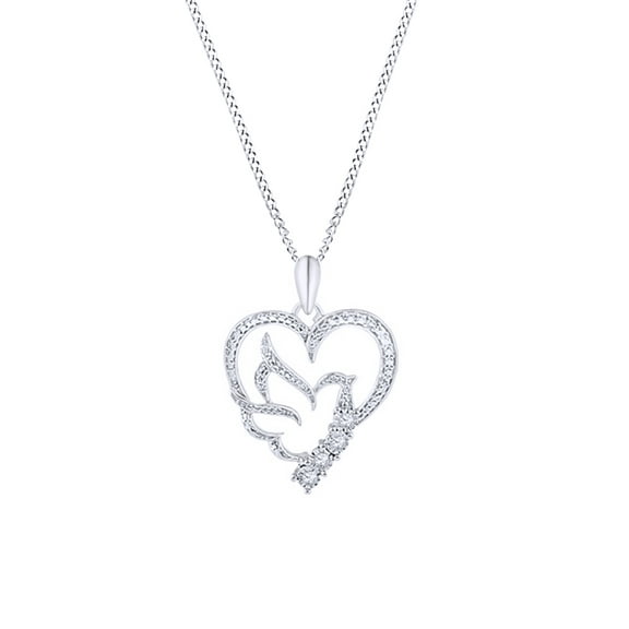 AFFY White Natural Diamond Heart with Dove Pendant Necklace in 14k White Gold Over Sterling Silver