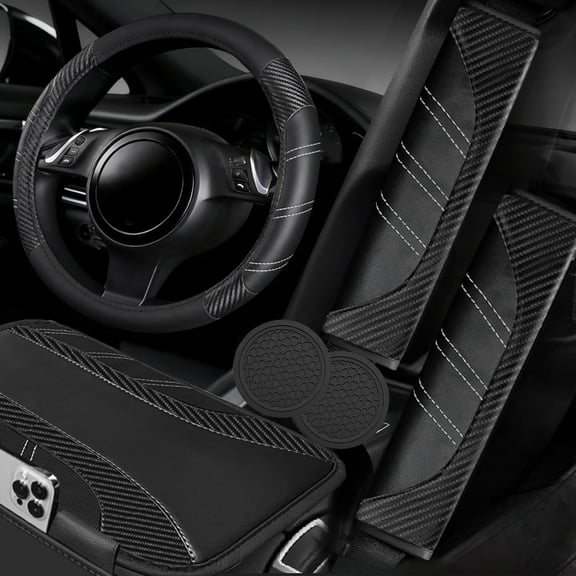 6 Pcs Steering Wheel Cover Set, Sport Microfiber Leather Steering Wheel Cover 14.5-15inch Universal, Car Center Console Cover, Seat Belt Cushion, Cup Coasters,Car Accessories Set