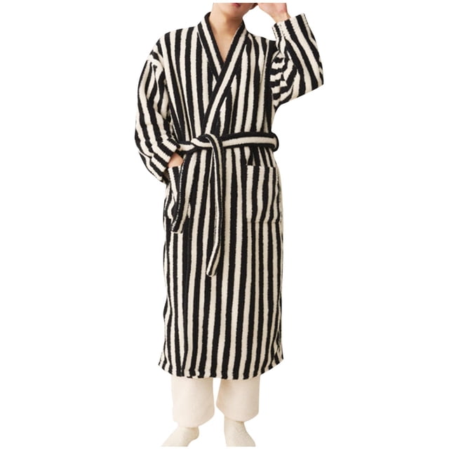 Christmas Clearance! Grrvtrz Mens Full Length Flannel Robe, Striped Plush Fleece Robes, Shawl Collar Bathrobe Loungewear House Robes( Pants Is Included )