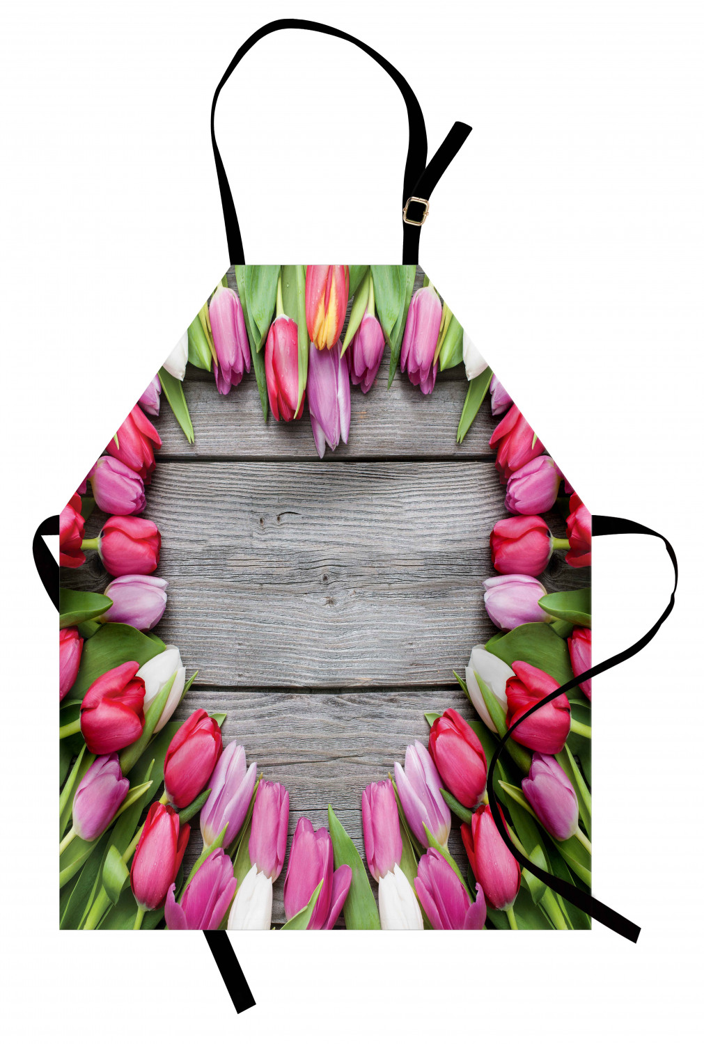 Love Apron Frame of Fresh Tulips Arranged on Old Wooden Table
