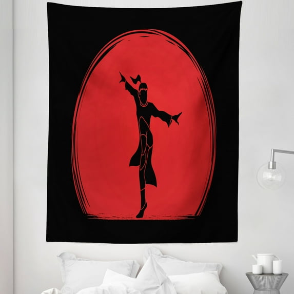 Kung Fu Tapestry, Man Shows Powerful Karate Pose in Costume on Sun Look Round, Fabric Wall Hanging Decor for Bedroom Living Room Dorm, 5 Sizes, Charcoal Grey Vermilion, by Ambesonne