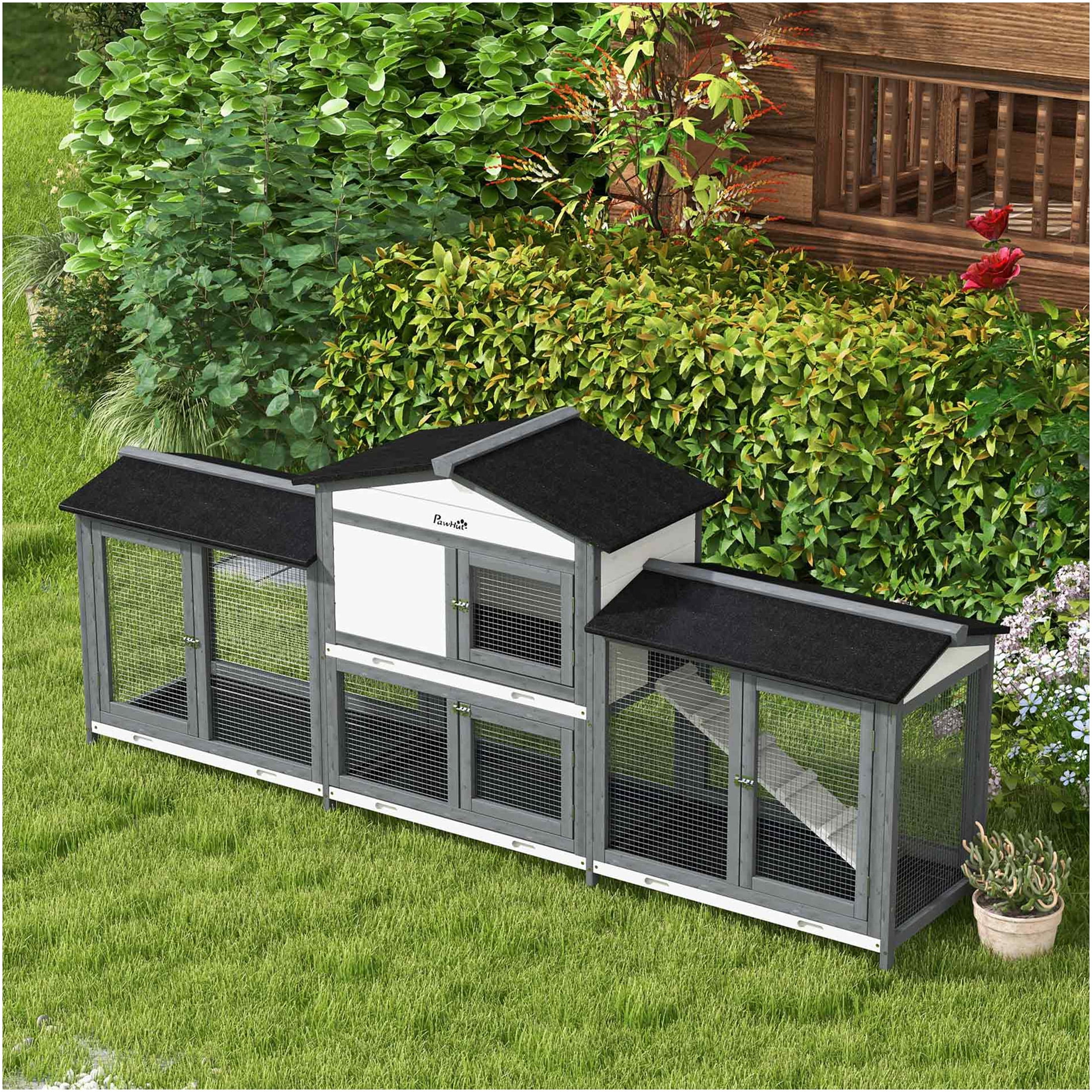 JERFIT 90.5 Inch Large Outdoor Rabbit Hutch with 2 Run Boxes, Leak-Proof Tray & Ramp, Wooden Guinea Pig Cage, Small Animal Playpen Enclosure House, Gray