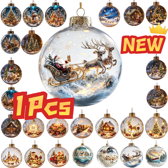 SLYNSHome Christmas Tree Ornament Ball 8cm Clear Acrylic Built-In 3D Golden Reindeer Sleigh Scene With Starry Sky Snow Base For Holiday Tree Hanging Mantelpiece Decor