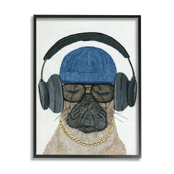 Stupell Industries Pug in Headphones Animals & Insects Painting Black Framed Art Print Wall Art, 11 x 14