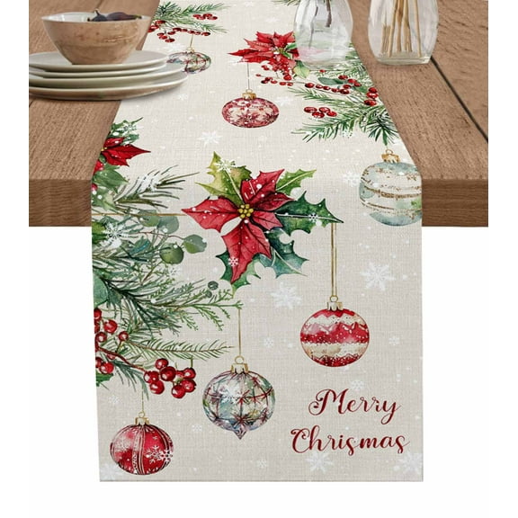 Christmas Balls Burlap-Cotton Table Runner 90 Inches Long,Red Green Xmas Botanical Snowflake Rustic Farmhouse Table Runners,Outdoor Dining Tablecloths Decor for Baby Shower Party Wedding 13x90