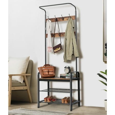 Italian Wood Stable Coat Shoe Rack, KingSo Hall Tree Entryway Coat Shoe Rack 3-Tier Shoes Rack Shelves 7 Hooks, Wood Look Accent Furniture with Stable Metal Frame Easy Assembly,72'' X28