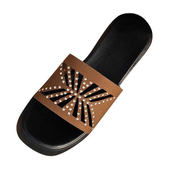 Rhinestones Platform Slides Sandals for Women Summer Casual Square Toe Wedge Sandals Indoor Outdoor Slip-on Open Toe Beach Slipper Brown Women Sandal