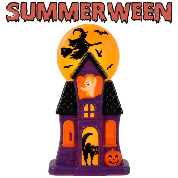 Summerween Haunted House Blow Mold Light - Resin Pre-Lit Spooky Mansion with Glowing Witch Moon, Ghost & Black Cat, Vintage Spooky House Lamp for Indoor Tabletop Outdoor Garden Decor