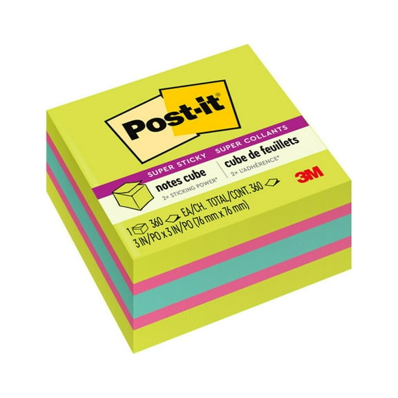 Post-it® Super Sticky Notes Cube, 3 in. x 3 in., Bright Colors, 1 Cube/Pack, 360 Sheets/Cube