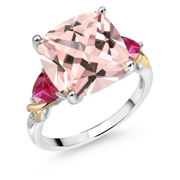 Gem Stone King 925 Silver and 10K Yellow Peach Nano Morganite and Red Created Ruby and Diamond Ring for Women (8.39 Cttw, 12MM Cushion and 5mm Trillion) (Size 7)