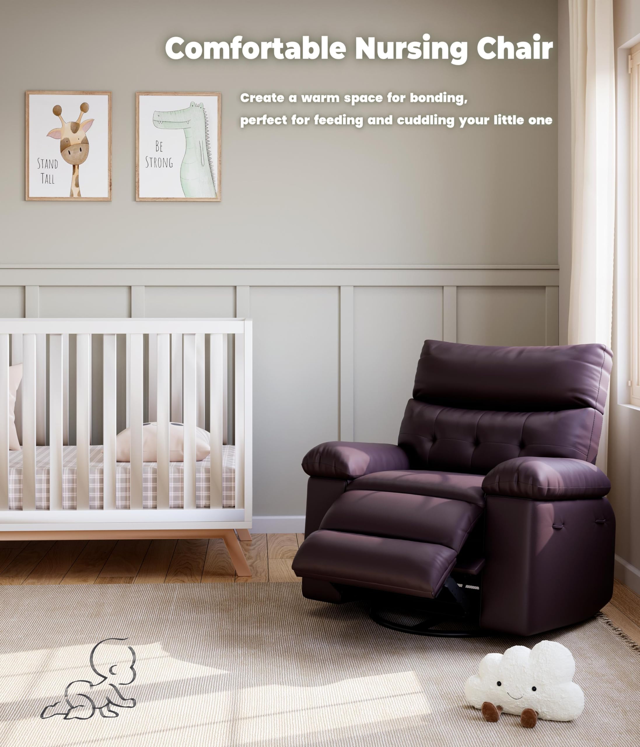 Oversized Rocker Recliner for Adults, Nursery Glider Recliner with Massage and Heating, Rocking Chair with 1.5X Sponge Comfort Arm and Back, Side Pockets, PU Leather Manual Recliner Chair