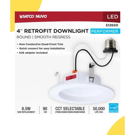 Satco S12600 6 Watt 4-Inch LED Downlight Retrofit Round White Finish CCT Selectable 2700K 3000K 3500K 4000K 5000K Energy Efficient Recessed Fixture