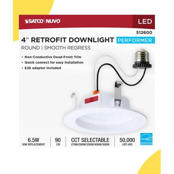 Satco S12600 6 Watt 4-Inch LED Downlight Retrofit Round White Finish CCT Selectable 2700K 3000K 3500K 4000K 5000K Energy Efficient Recessed Fixture