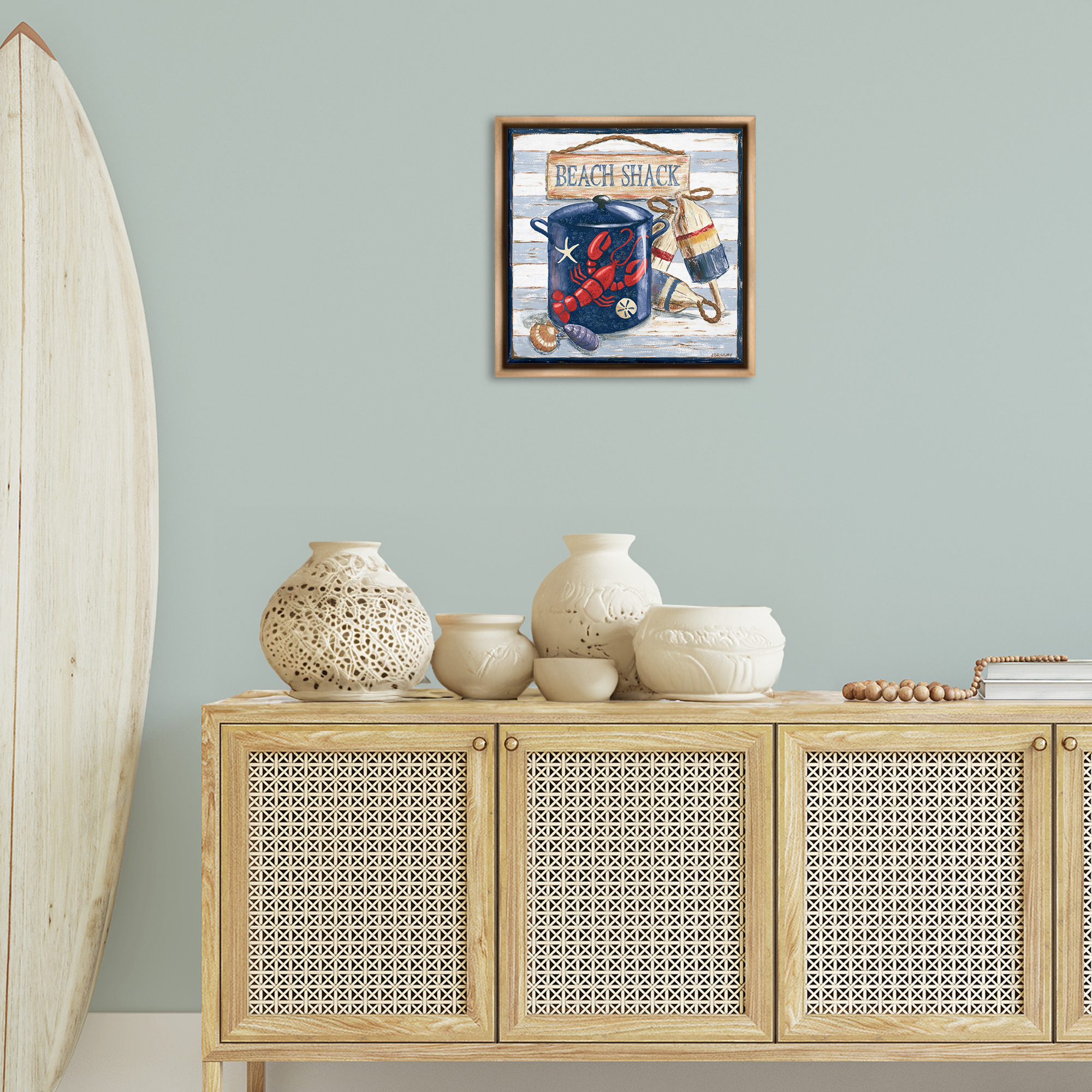 Stupell Industries Beach Shack on Stripes Nautical & Beach Painting Brown Floater Framed Canvas Art Print Wall Art, 18 x 18