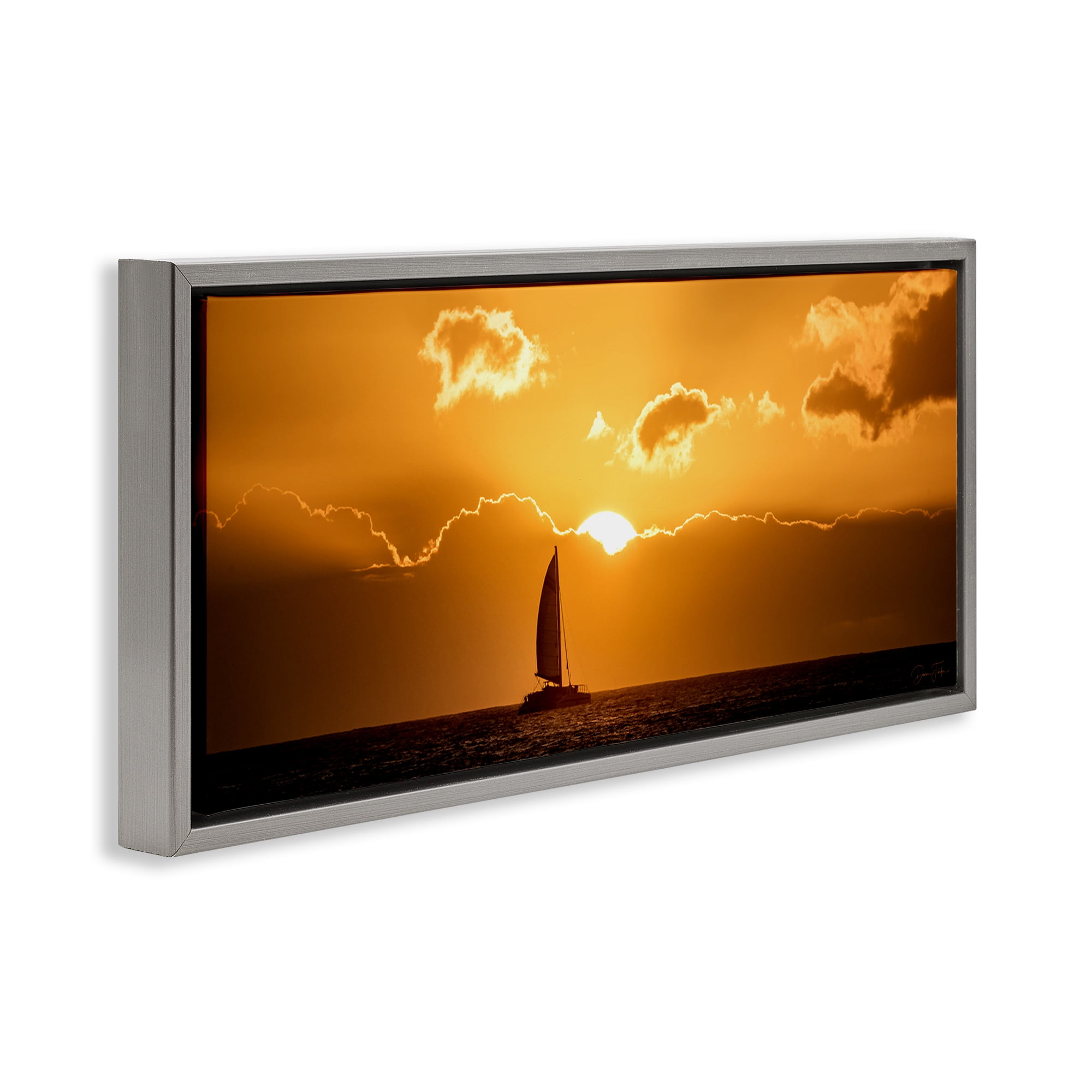 Stupell Industries Tranquil Sunset Sailboat Transportation Photography Gray Floater Framed Canvas Art Print Wall Art, 25 x 11